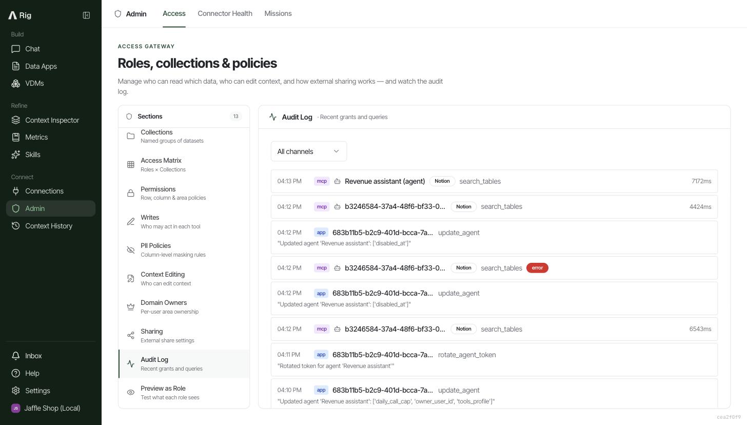 The audit log listing MCP calls by Revenue assistant (agent) tagged Notion, among admin actions such as update_agent and rotate_agent_token