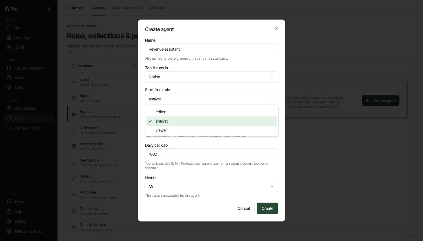The Create agent dialog with name, tool, start-from role, tools, daily call cap and owner fields, the role menu open on editor, analyst and viewer