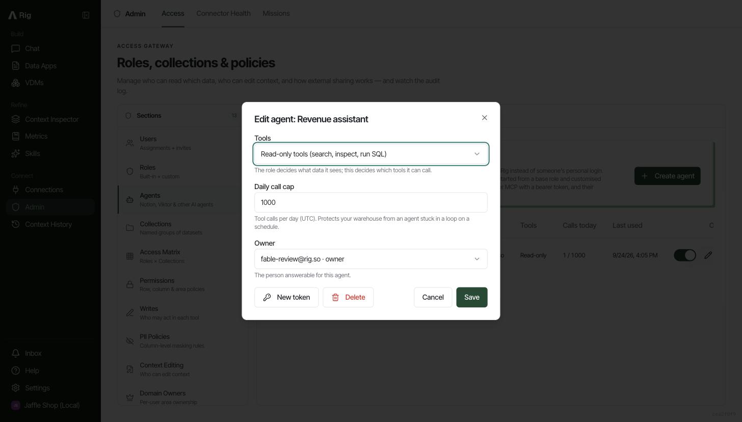 The edit agent dialog with tools, daily call cap and owner, plus New token and Delete buttons