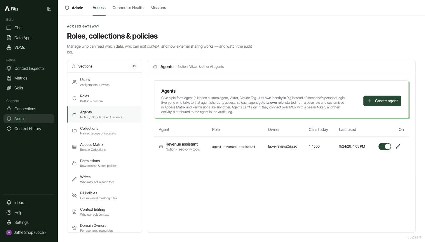 The agents list showing Revenue assistant, Notion with read-only tools, its role, owner, 1 of 500 calls today, when it was last used, an on switch and an edit button