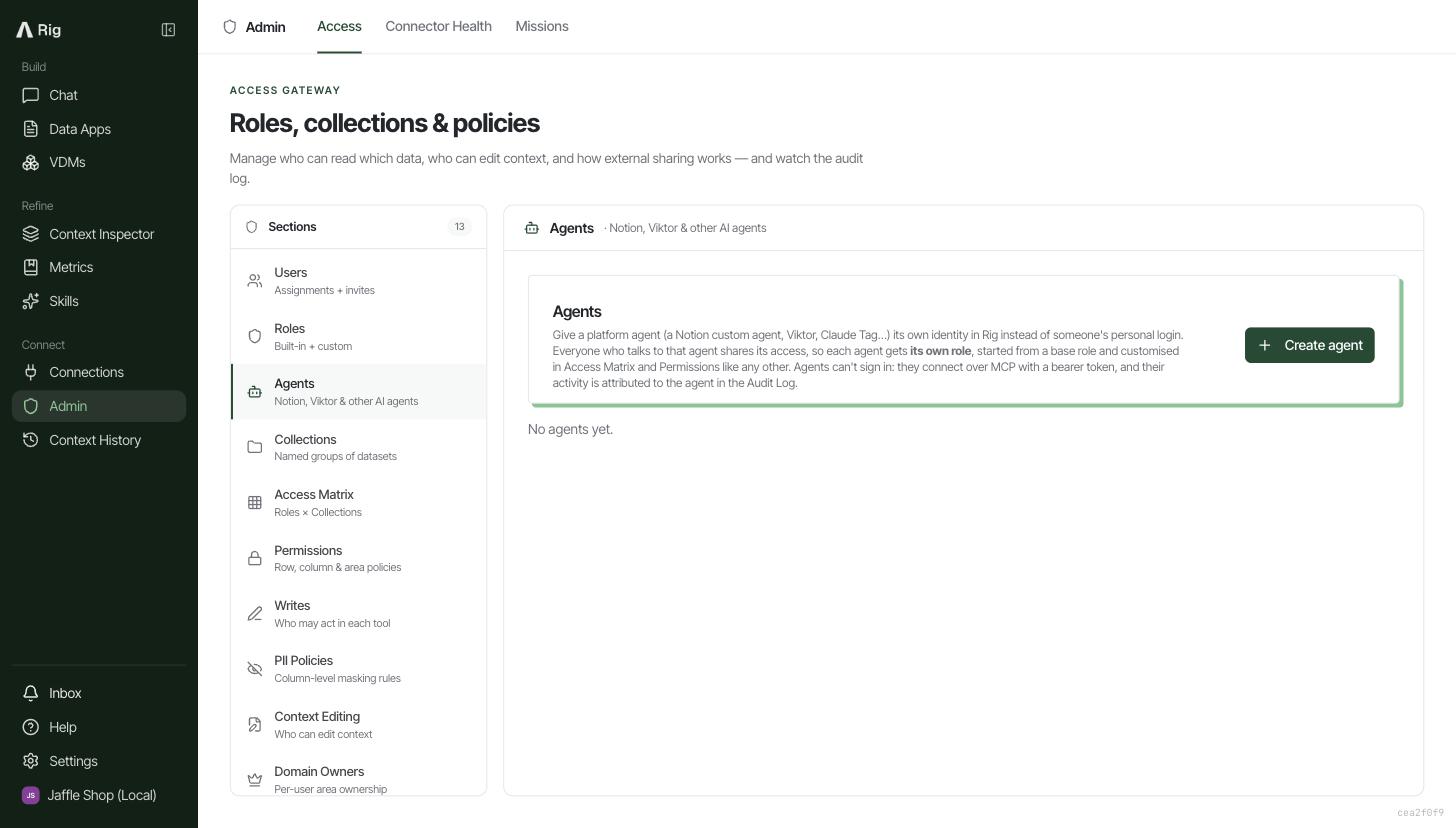 The Agents section of Rig's Access Gateway, empty, with a Create agent button