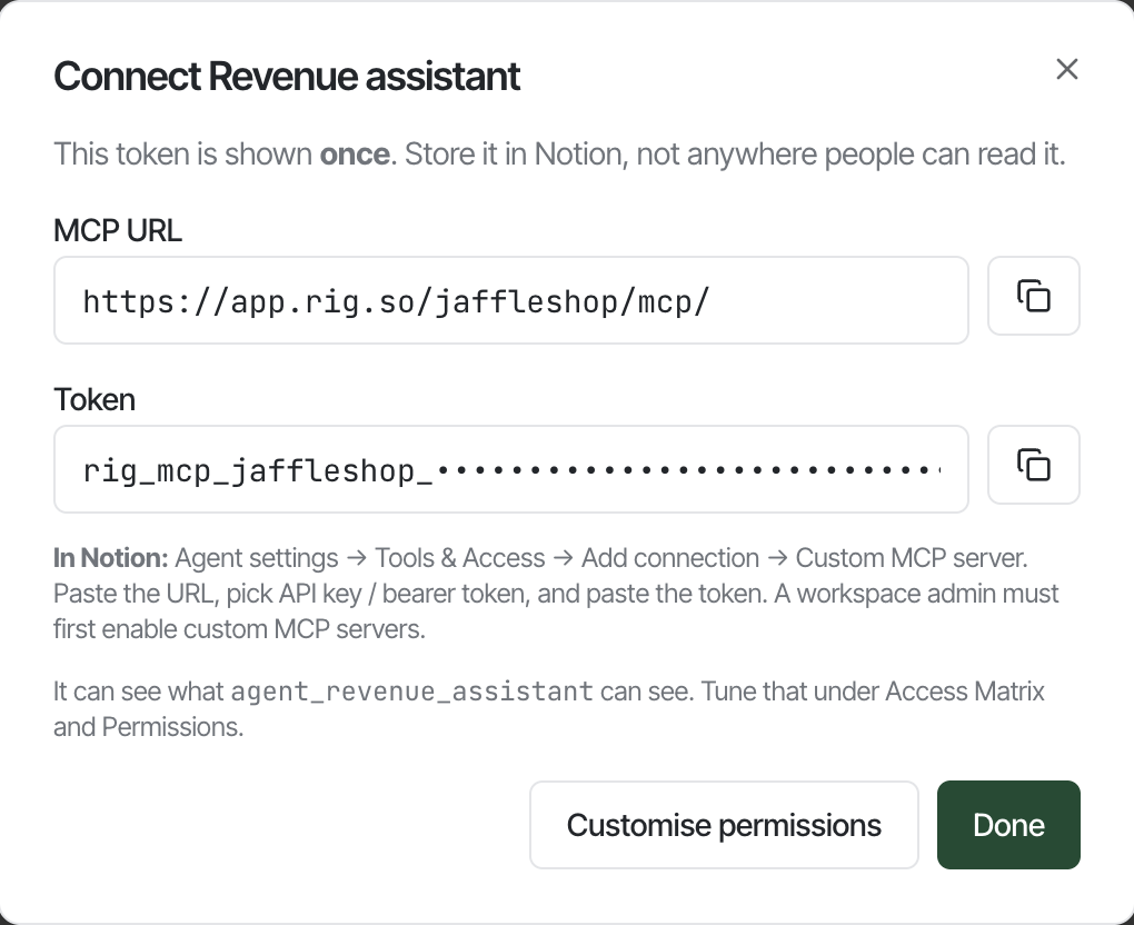 The Connect dialog showing the MCP URL, a masked token, and the steps for Notion